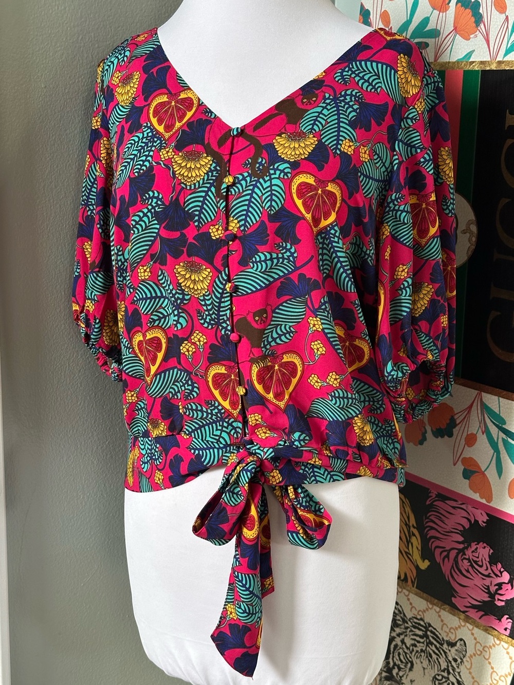 Rose + Olive Vibrant Fuchsia Jungle Tropical Floral Tie-Front Women's V Neck Top